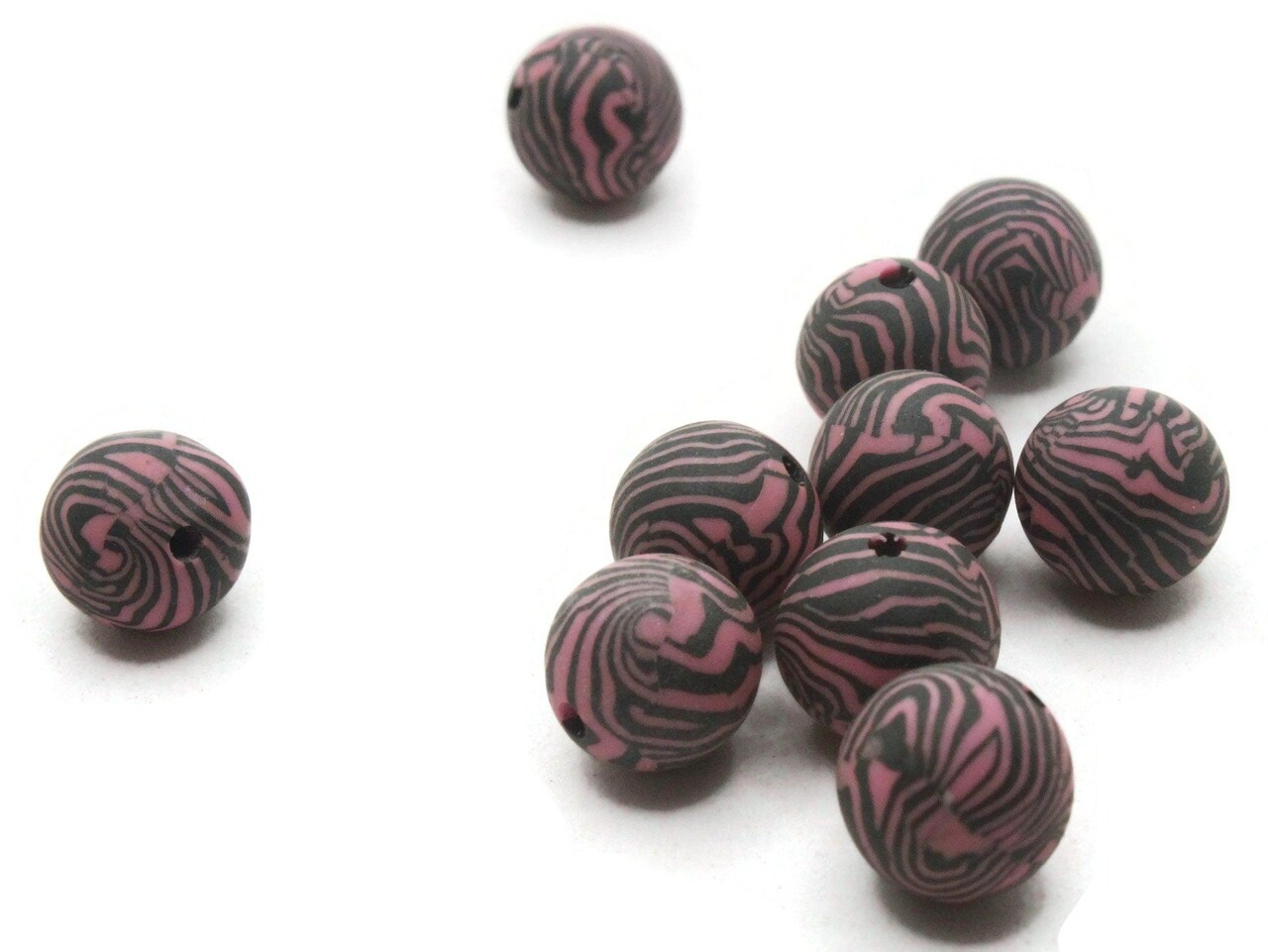 10 10mm Pink and Black Striped Polymer Clay Multi-Color Round Beads